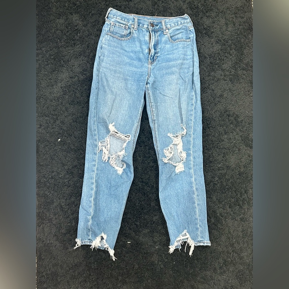 American eagle mom jeans with rips on bottom and legs